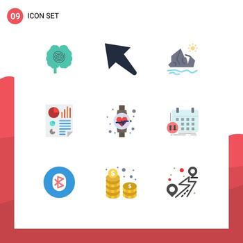 conjunto de colores planos de interfaz móvil de 9 pictogramas de barras de documentos de entorno de página de dieta elementos de diseño vectorial editables vector