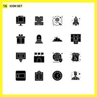 Group of 16 Modern Solid Glyphs Set for ecommerce science facebook rocket travel Editable Vector Design Elements