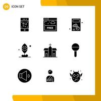 Group of 9 Modern Solid Glyphs Set for church building business motivation leaf Editable Vector Design Elements