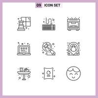 Pack of 9 Modern Outlines Signs and Symbols for Web Print Media such as judge auction microwave search view Editable Vector Design Elements