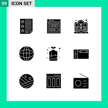 9 User Interface Solid Glyph Pack of modern Signs and Symbols of bottle globe web security world invention Editable Vector Design Elements