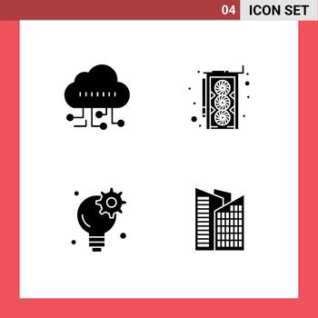 User Interface Pack of 4 Basic Solid Glyphs of data gear computer brainstorm office Editable Vector Design Elements