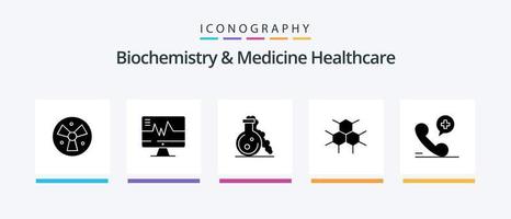 paquete de iconos de bioquímica y medicina sanitaria glifo 5 que incluye teléfono. salud. matraz. médico. molecular. diseño de iconos creativos vector