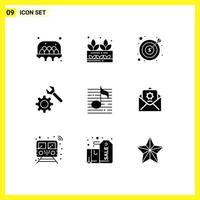 Group of 9 Modern Solid Glyphs Set for music gear banking wrench money Editable Vector Design Elements