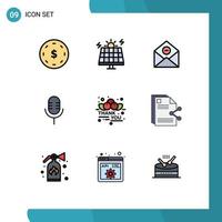 Filledline Flat Color Pack of 9 Universal Symbols of cherry sound communication microphone email Editable Vector Design Elements