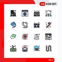 Pack of 16 Modern Flat Color Filled Lines Signs and Symbols for Web Print Media such as weather cloud digital graphic internet network Editable Creative Vector Design Elements