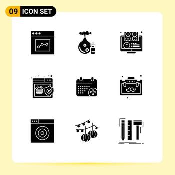 Mobile Interface Solid Glyph Set of 9 Pictograms of shopping shield elearning quality learning Editable Vector Design Elements