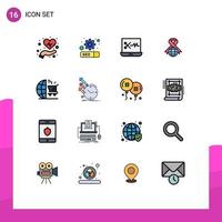 16 Thematic Vector Flat Color Filled Lines and Editable Symbols of shopping marketing audio editing software cart globe Editable Creative Vector Design Elements