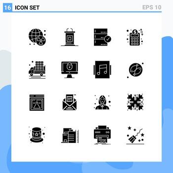 Group of 16 Solid Glyphs Signs and Symbols for farm business planning approve business network data Editable Vector Design Elements