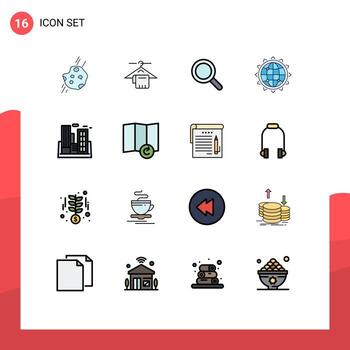 Mobile Interface Flat Color Filled Line Set of 16 Pictograms of optimization seo hotel globe search Editable Creative Vector Design Elements