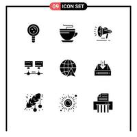 Group of 9 Modern Solid Glyphs Set for globe server cleaning network announcement Editable Vector Design Elements