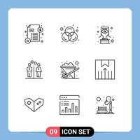 Pack of 9 Modern Outlines Signs and Symbols for Web Print Media such as wheelbarrow construction trophy girl couple Editable Vector Design Elements