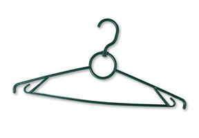 green plastic clothes hanger isolated on white background photo