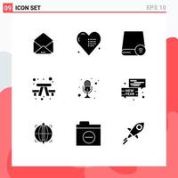 Pack of 9 Modern Solid Glyphs Signs and Symbols for Web Print Media such as mic outdoor computers camping hardware Editable Vector Design Elements