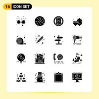 Pack of 16 Modern Solid Glyphs Signs and Symbols for Web Print Media such as tool measuring game fruit food Editable Vector Design Elements