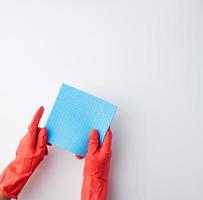 blue square absorbent sponges in their hands wearing red rubber gloves photo