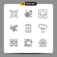 paquete de iconos de vector de stock de 9 signos y símbolos de línea para elementos de diseño de vector editables de ubicación de servicio de micrófono de brócoli orgánico