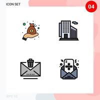 Modern Set of 4 Filledline Flat Colors and symbols such as cash email bag skyscraper trash Editable Vector Design Elements