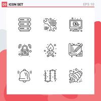 Set of 9 Vector Outlines on Grid for campfire padlock click love heart Editable Vector Design Elements