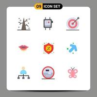 Mobile Interface Flat Color Set of 9 Pictograms of sale badge creative security lips Editable Vector Design Elements