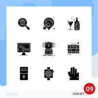 9 signos universales de glifos sólidos símbolos de texto de seguridad bebida monitor vidrio elementos de diseño vectorial editables vector