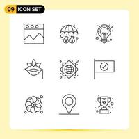 Modern Set of 9 Outlines Pictograph of global network spring creative rose flower Editable Vector Design Elements