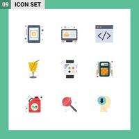 Mobile Interface Flat Color Set of 9 Pictograms of hand watch web smart drink Editable Vector Design Elements