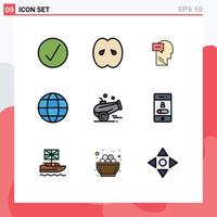 Mobile Interface Filledline Flat Color Set of 9 Pictograms of cannon globe peach environment head Editable Vector Design Elements