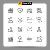 conjunto de 16 iconos de interfaz de usuario modernos símbolos signos para sombrero boda vidrio casarse invitar elementos de diseño vectorial editables vector