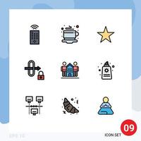 Pack of 9 Modern Filledline Flat Colors Signs and Symbols for Web Print Media such as life friends star friendly security Editable Vector Design Elements