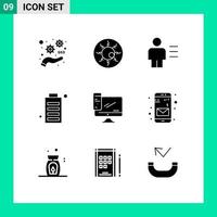 Group of 9 Modern Solid Glyphs Set for full charge scary eye battery details Editable Vector Design Elements