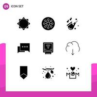 9 Thematic Vector Solid Glyphs and Editable Symbols of mechanical comment laboratory chat saxophone Editable Vector Design Elements