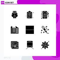 Set of 9 Commercial Solid Glyphs pack for audio grid accountant office building Editable Vector Design Elements