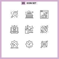 Mobile Interface Outline Set of 9 Pictograms of spa laptop like rocket web Editable Vector Design Elements