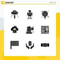 9 Thematic Vector Solid Glyphs and Editable Symbols of loucked network robotic cloud record Editable Vector Design Elements