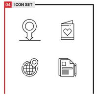 paquete de línea de 4 símbolos universales de elementos de diseño de vector editables de punto de corazón de tarjeta global humana