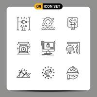 9 Universal Outlines Set for Web and Mobile Applications safe secure tuch weighing machine Editable Vector Design Elements