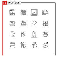 Group of 16 Modern Outlines Set for laptop computer analytics twitter social Editable Vector Design Elements