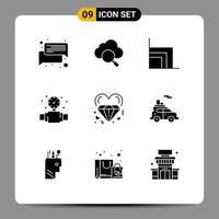 Mobile Interface Solid Glyph Set of 9 Pictograms of love diamond chart plumbing mechanical Editable Vector Design Elements