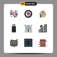 Universal Icon Symbols Group of 9 Modern Filledline Flat Colors of idea concept love bulb flash drive Editable Vector Design Elements