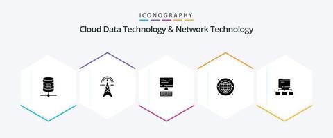 Cloud Data Technology And Network Technology 25 Glyph icon pack including folder. world. computing. web . computing vector