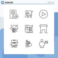 Set of 9 Commercial Outlines pack for drawing technology learning storage cloud Editable Vector Design Elements