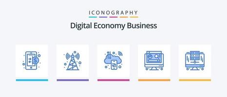 Digital Economy Business Blue 5 Icon Pack Including database. computer. cloud. graph. computer. Creative Icons Design vector