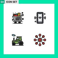 paquete de color plano de línea de relleno de 4 símbolos universales de elementos de diseño de vector editables de tractor de señal de compra inteligente de carro
