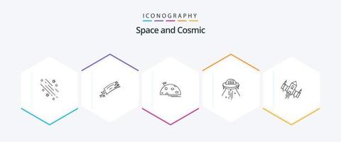 paquete de iconos de 25 líneas espaciales que incluye barco. astronave. espacio. Marte. luna vector