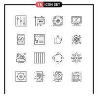 Pack of 16 Modern Outlines Signs and Symbols for Web Print Media such as browser location data mobile imac Editable Vector Design Elements