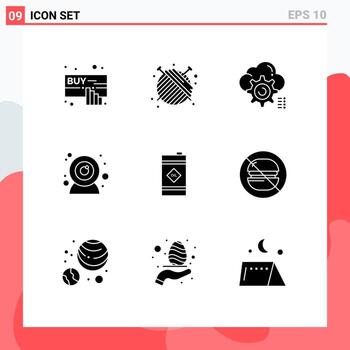 9 concepto de glifo sólido para sitios web móviles y aplicaciones aceite cámara web equipo cámara web configurar elementos de diseño vectorial editables vector