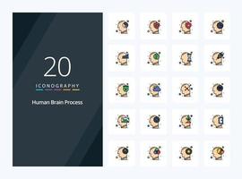 20 iconos llenos de línea de proceso de cerebro humano para presentación vector