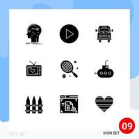 Universal Icon Symbols Group of 9 Modern Solid Glyphs of tennis racket van movie love Editable Vector Design Elements