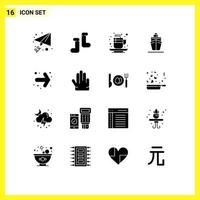 conjunto moderno de 16 glifos y símbolos sólidos, como dedos hacia atrás, bebida, flecha, transporte, elementos de diseño vectorial editables vector